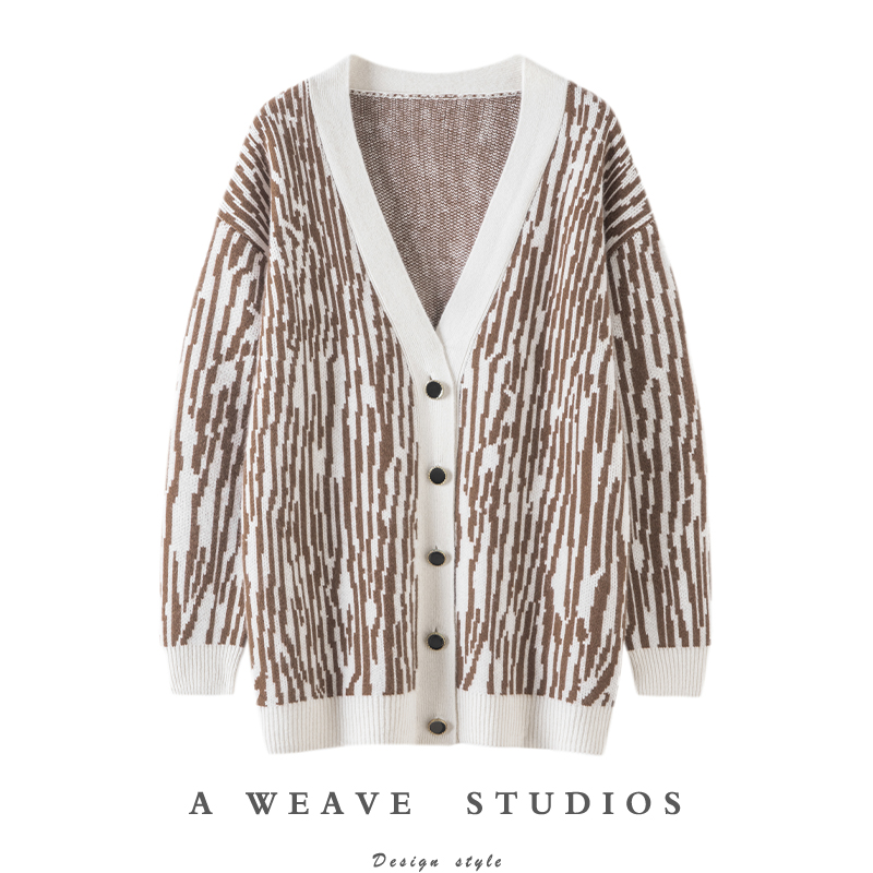 不同凡响！斑马纹加厚羊绒开衫女中长款纯羊绒毛衣针织开衫外套