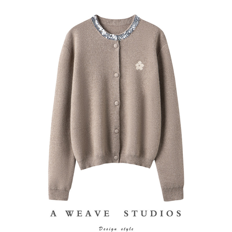 一见倾心！亮片设计领口纯羊绒花朵提花针织开衫女短款毛衣外套,女装/女士精品,羊绒衫,淘宝优惠券,粉丝福利购,淘宝优惠卷