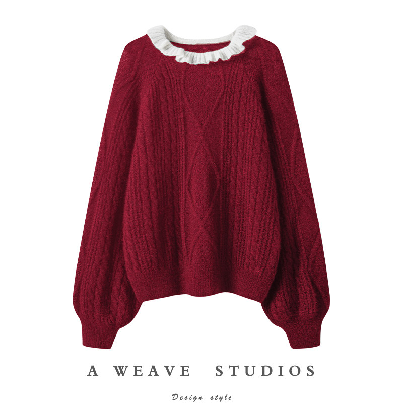 金贝绒〓绒+〓复古红白拼接鸡冠领绞花百分百羊绒毛衣2024新款,女装/女士精品,羊绒衫,淘宝优惠券,粉丝福利购,淘宝优惠卷