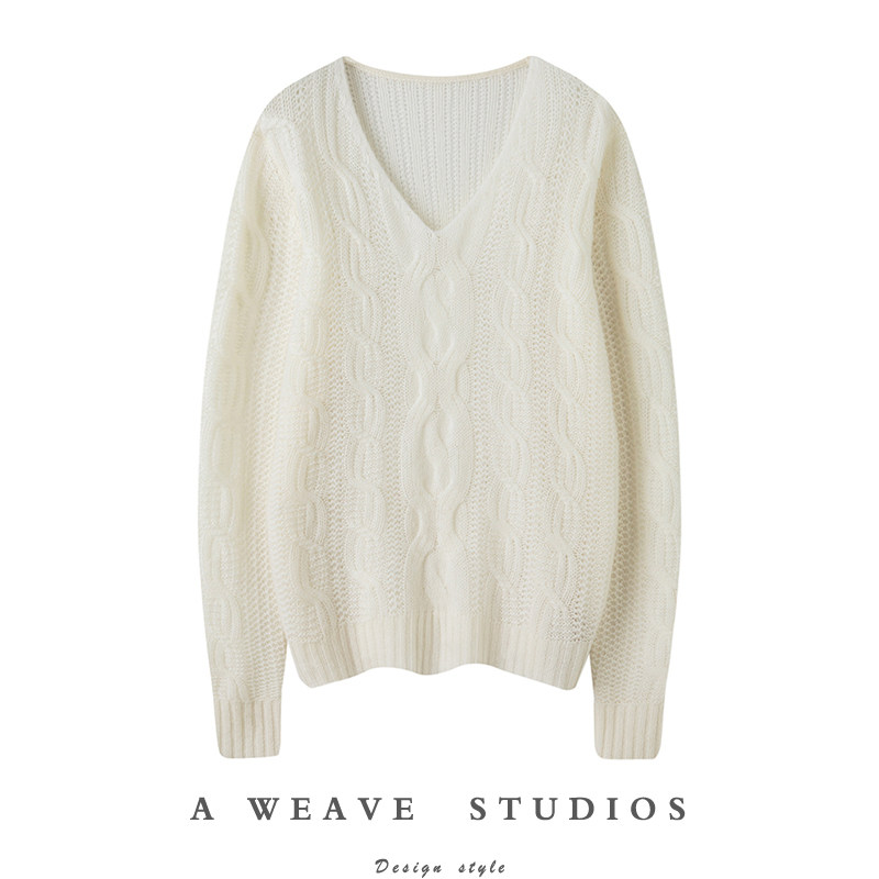 淡烟入梦~V领绞花羊绒衫女宽松慵懒风纯山羊绒毛衣秋冬新款,女装/女士精品,羊绒衫,淘宝优惠券,粉丝福利购,淘宝优惠卷