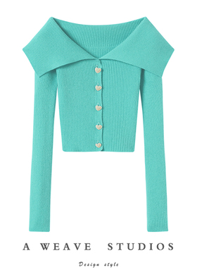 金贝绒湖蓝色大翻领珍珠扣弹力山羊绒针织小开衫女2024冬