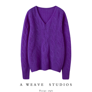 抓人 V领绞花羊绒衫 女宽松慵懒风纯羊绒毛衣秋冬新款 舒服好看