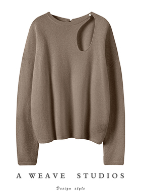 穿上才知道有多好！前后镂空羊绒衫女纯羊绒毛衣圆领宽松紫绒秋冬