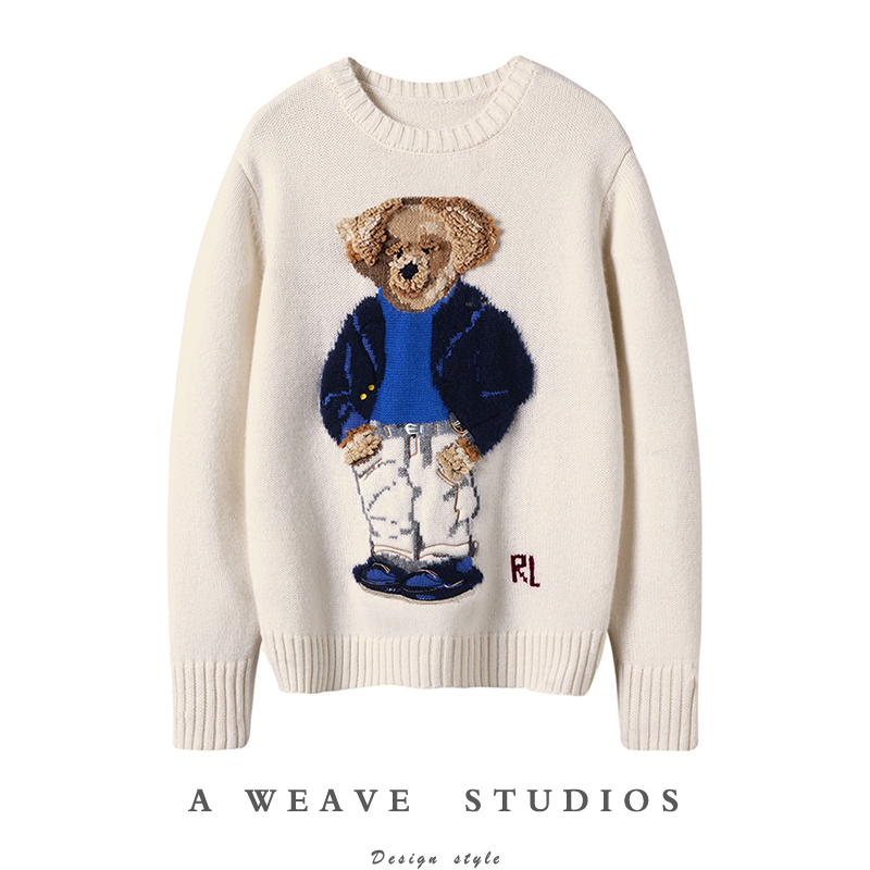 白色立体编织羊绒毛衣 全手工小熊一针一线勾勒~ 弥足珍贵！