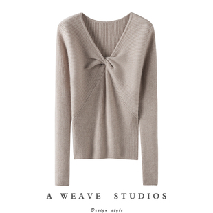 出镜率爆高!扭结V领100%纯山羊绒衫女纯羊绒毛衣针织打底衫秋冬
