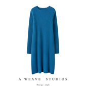 羊绒衫 CHAO有味道 开叉湖蓝色坑条羊绒连衣裙女中长款 加厚宽松