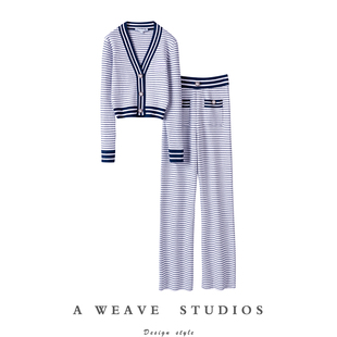 阔腿裤 女小香风纯山羊绒毛衣针织开衫 两件套女 条纹套装 上身美醉