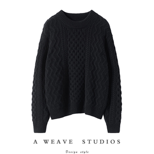 雍容华贵！黑色绞花圆领羊绒衫女加厚百分百纯羊绒毛衣宽松