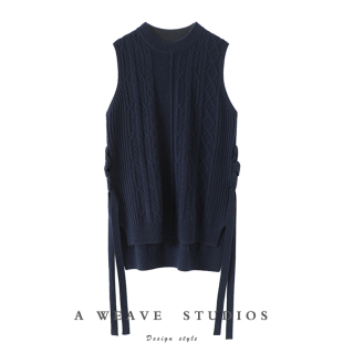 美到惊艳 毛衣马甲加厚 侧边绑带前短后长绞花羊绒背心女纯羊绒衫