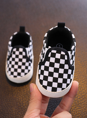 春秋0-1岁男女宝宝韩版防掉鞋婴儿学步鞋防滑软底棋盘格帆布鞋子