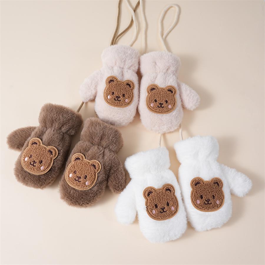 韩版儿童手套可爱小熊男女宝宝冬季加绒加厚保暖挂脖全包连指