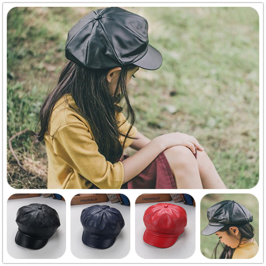 2018儿童秋冬鸭舌帽皮质复古帽贝雷帽八角帽男童女童韩版亲子帽潮