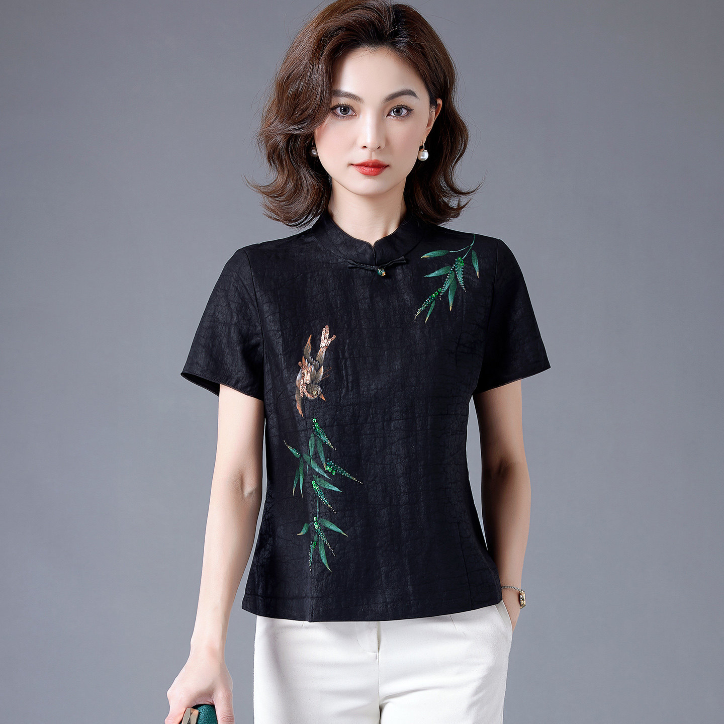 龟裂纹香云纱真丝上衣女短袖2026夏中式立领国风妈妈装桑蚕丝小衫