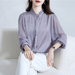 2026春重磅真丝衬衫女长袖设计感立领木耳边通勤显瘦桑蚕丝上衣OL