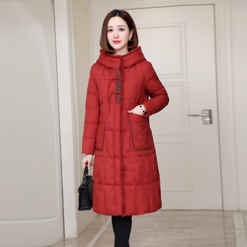 品牌羽绒服女中长款2024冬水貂毛领妈妈装复古绣花加厚鹅绒服外套