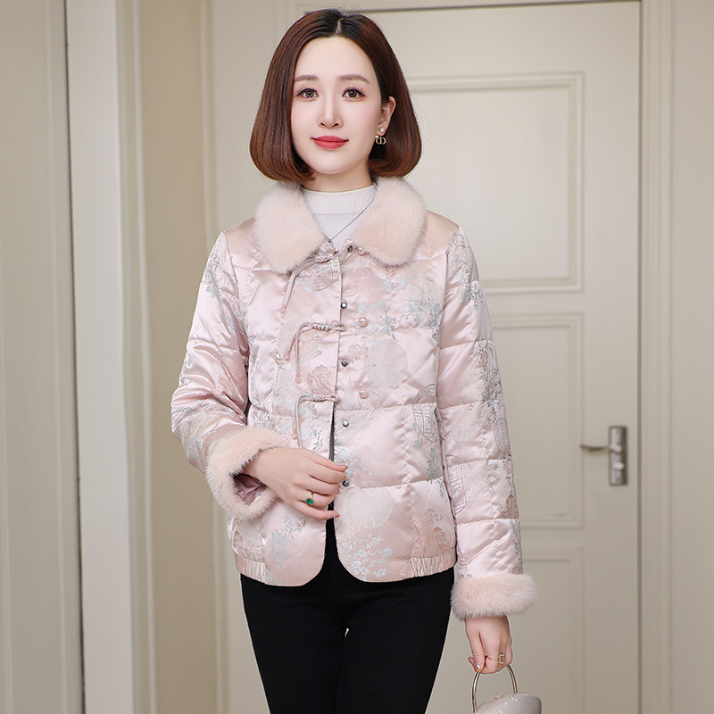新中式妈妈装水貂毛领短款羽绒服女2024冬高端盘口印花鹅绒外套潮