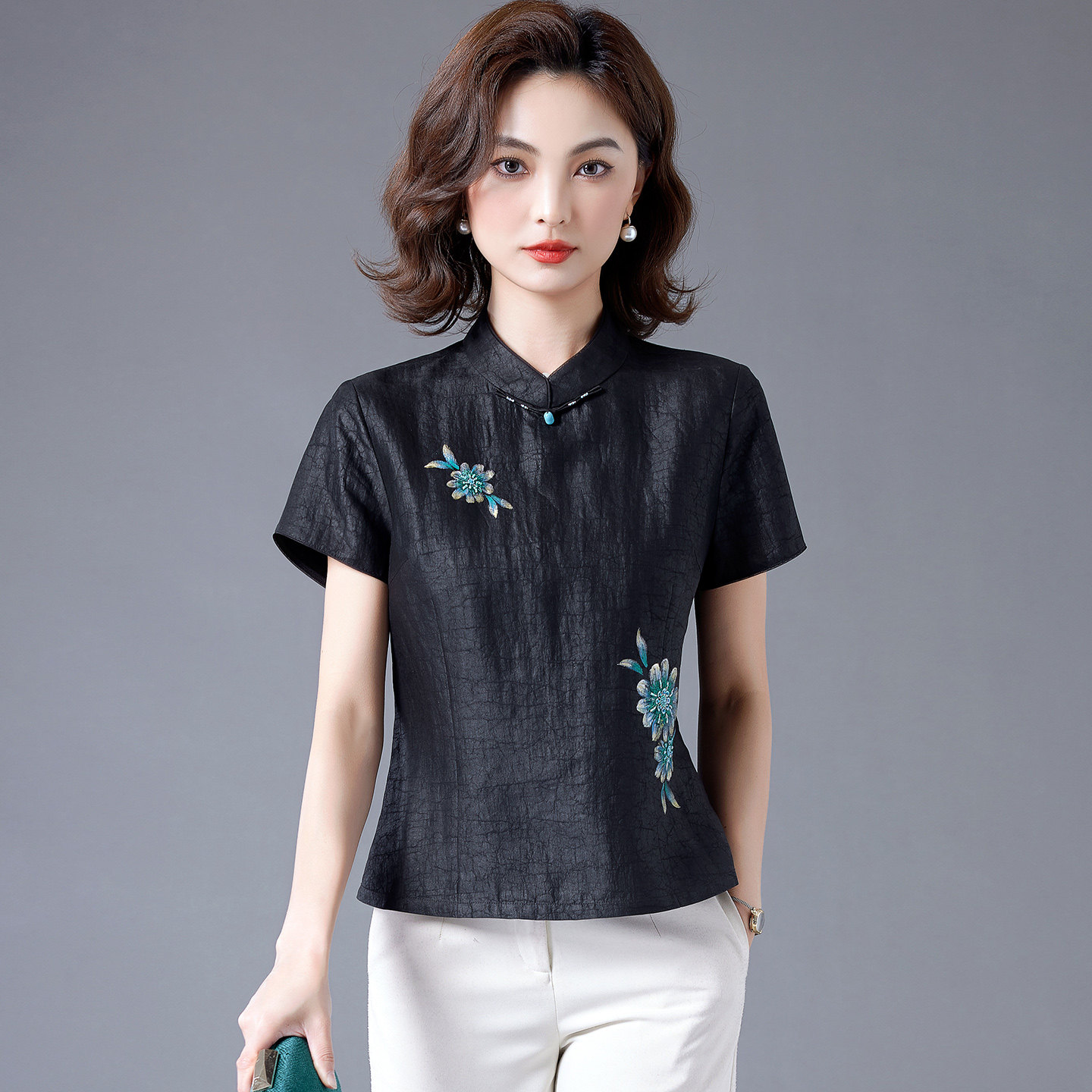 高端龟纹香云纱真丝上衣女短袖2026夏中式国风立领妈妈桑蚕丝衬衫
