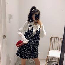 衬衫 宽松长袖 女毛呢格子背心连衣裙两件套装 新款 2019秋冬季 韩版