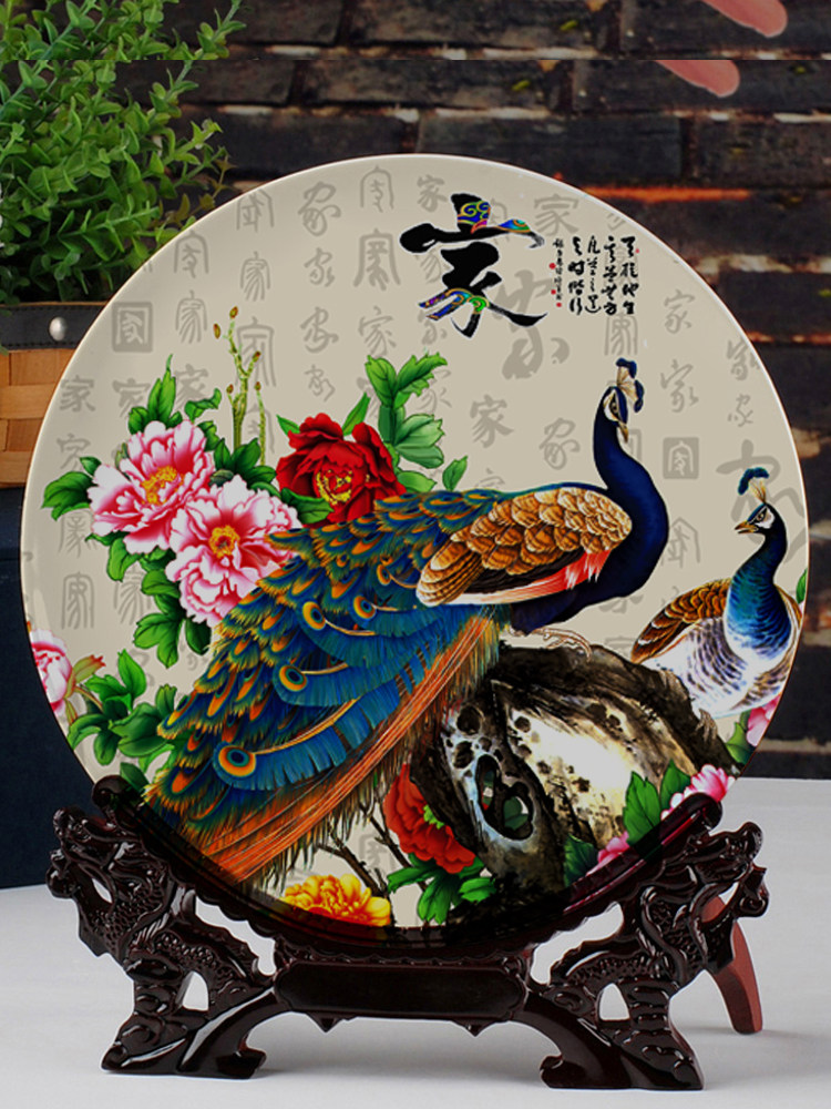 JINGDEZHEN 공작 오프닝 장식품 매달려 접시 장식 중국어 거실 입구 사무실 장식품 미술 도자기 접시