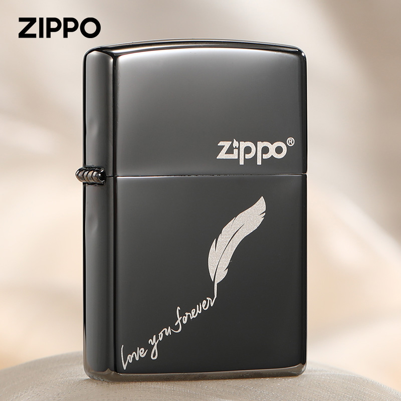 ZIPPO打火机官方正品 防风芝宝镜面黑冰羽毛情书送男士友生日礼物