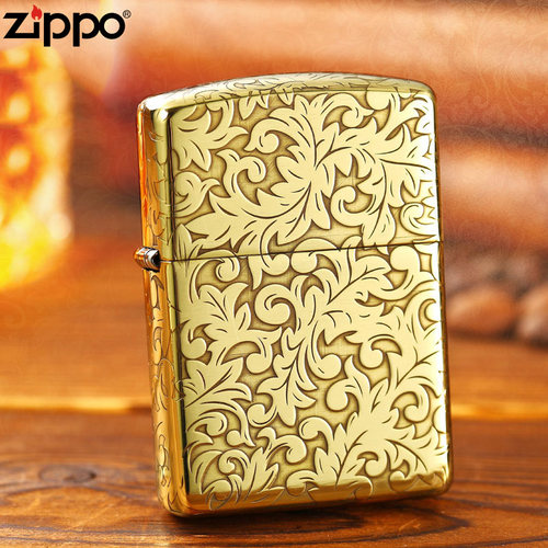 zippo打火机铜雕刻富贵唐草