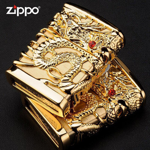 zippo打火机重盔甲镀金银飞龙