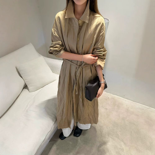 ABRA MINO金属丝褶皱风衣女秋季韩系翻领系带收腰长款轻薄透气外