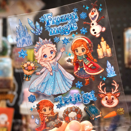 原创卡通冰雪奇缘艾莎女王安娜公主阿拉伯手绘装饰贴UV转印贴防水