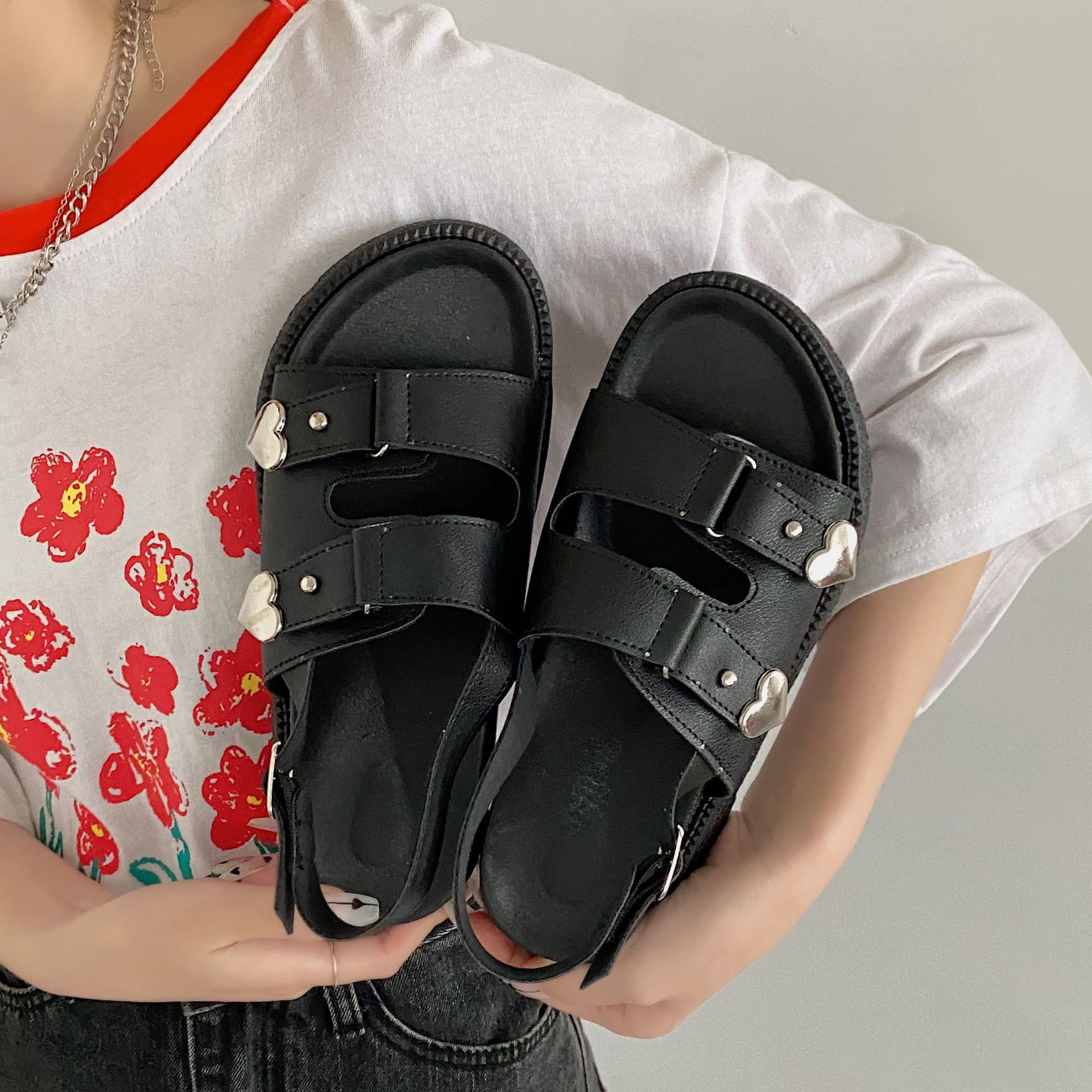 黑色学生厚底凉鞋女2022夏季新款时髦复古ins潮松糕跟一字带鞋