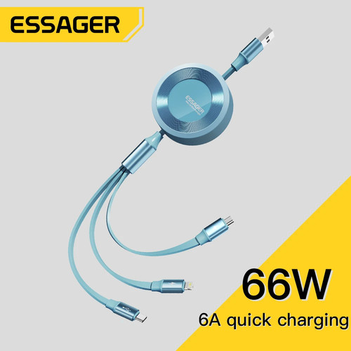Essager 6A 66W 3 in 1 USB Cable For iPhone Micro USB Type C For Xiaomi Samsung Poco Retractable Cord