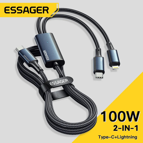 Essager 100W Cable USB C to Type C to Lighting Charger Data 2 in 1 For Macbook iPhone Samsung Xiaomi