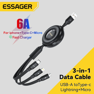 Essager Retractable 66W 3 in 1 USB 6A Fast Charger Type C Cable For iPhone 14 Samsung Xiaomi Huawei