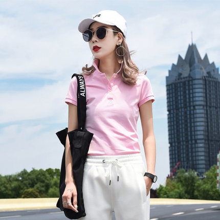 2025夏季新款保罗polo衫女半袖纯棉有领上衣潮粉色翻领t恤女短袖
