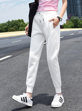 2024新款女装春秋纯棉长裤薄款运动休闲裤子冬季加绒白色收口卫裤