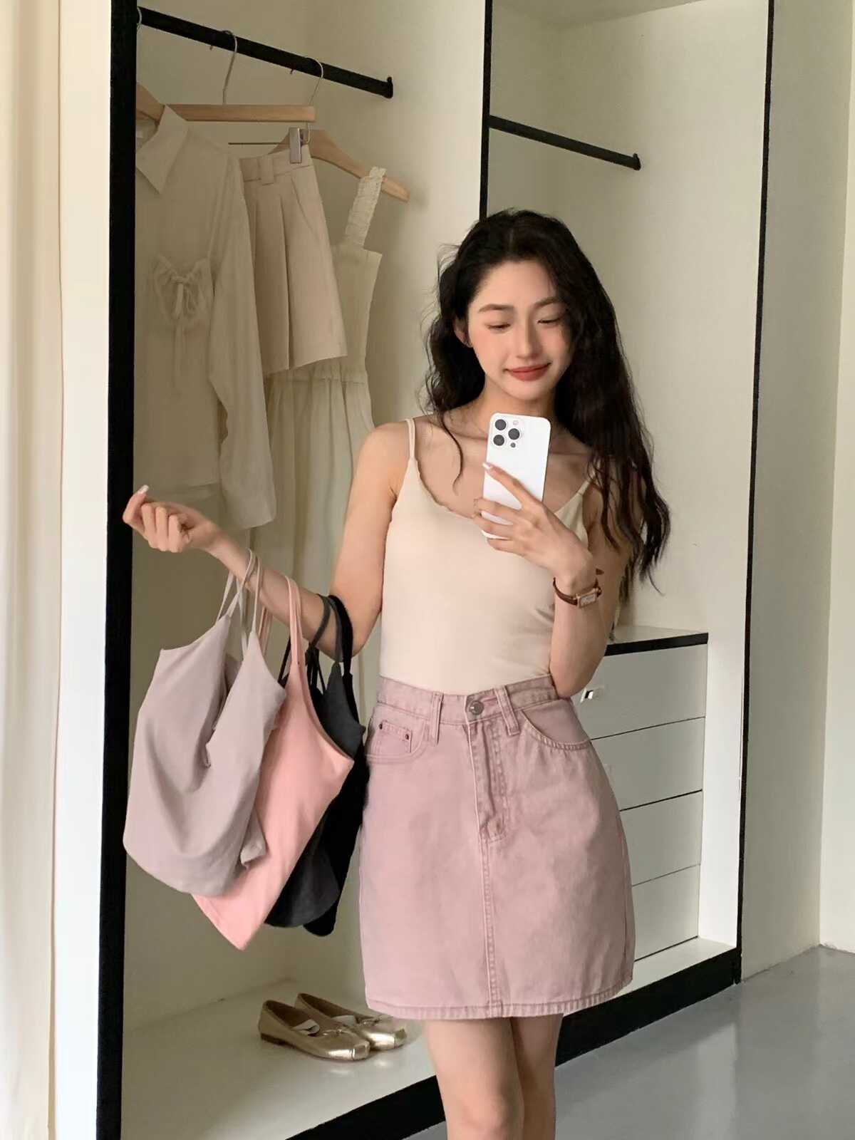 A字清仓不退换牛仔明线短裙复古