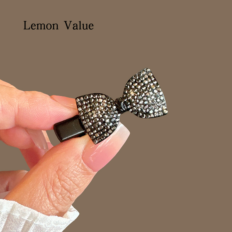 Lemon Value黑色水钻蝴蝶结刘海夹侧女前额小发夹精致碎发卡顶夹
