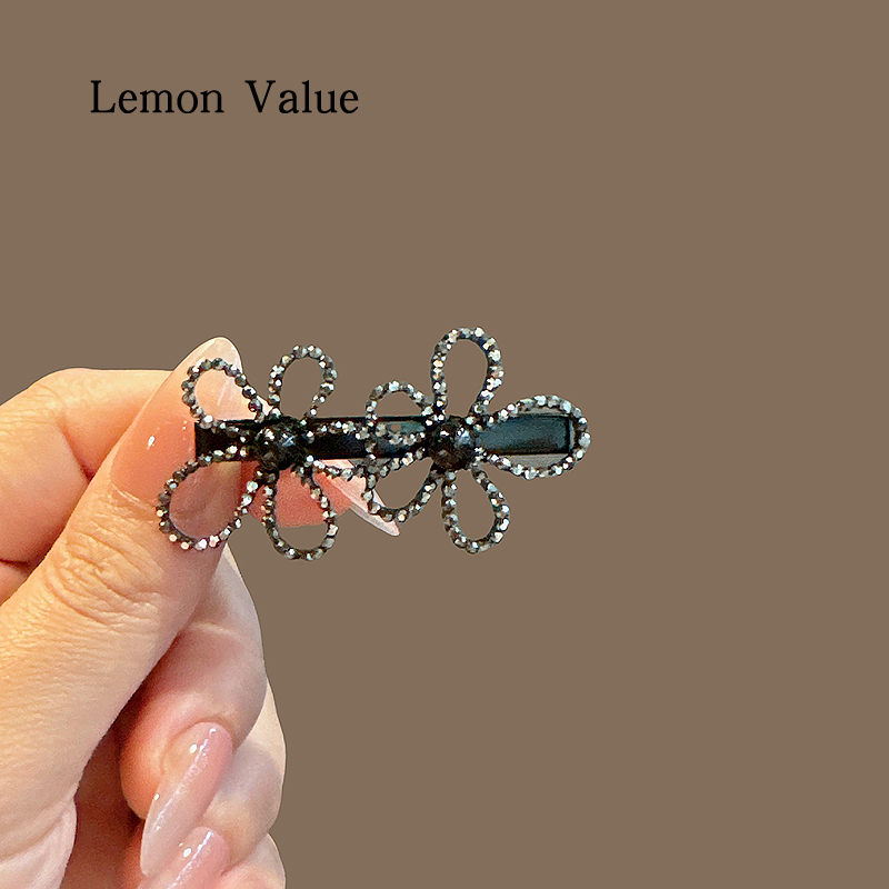 Lemon Value精致黑色水钻花朵发夹女碎发刘海鸭嘴夹2024新款边夹