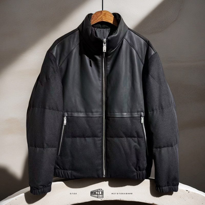 北欧风 绵羊皮羊毛尼拼接鹅绒男士羽绒衣 男休闲外套鹅绒服