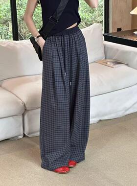 【SJG】2025早秋韩系格子高腰休闲裤宽松显瘦通勤直筒阔腿长裤