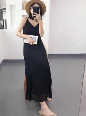 MEETC.Z夏季新款 欧货真丝连衣裙吊带裙简约气质背心裙A字长裙女