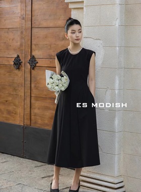 ES MODISH 黑色背心连衣裙女法式赫本风高腰修身显瘦无袖长裙2485