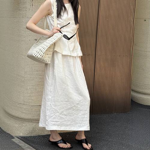 mdeng夏季新款2026高腰显瘦后开叉中长款亚麻半身裙女摩登2K668