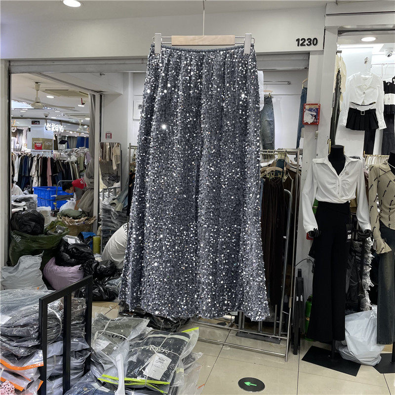 摩登mdeng高腰重工亮片半身裙女秋新款鱼尾裙显瘦气质长裙6609