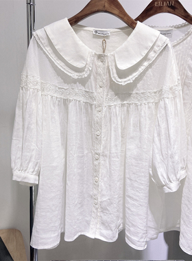 BOLATU柏拉图新款 2025夏季日系纯色娃娃脸单排扣五分袖棉麻衬衫