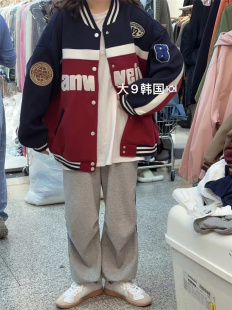 红色棒球服女秋装新款韩版大9美式重工贴标学生休闲宽松夹克外套