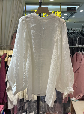 BOLATU早春新款圆领套头纯色蝙蝠袖麻料中长宽松大版灯笼袖衬衣女