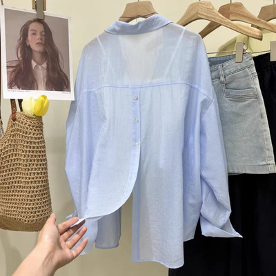 liyunzhen李允珍6015细条纹衬衫女后开叉三粒扣莱赛尔洋气防晒衣