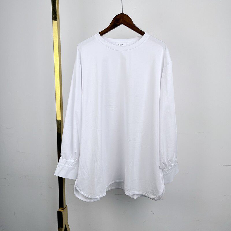 DM2026春秋冬新款宽松慵懒衬衫拼接手袖褶皱设计中长纯棉T恤上衣
