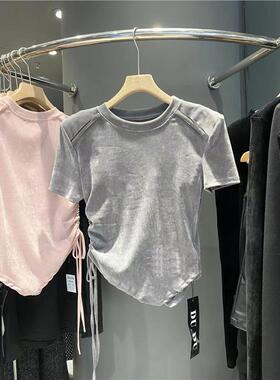 dudu韩版抽绳T恤女短袖微透打底衫丝绒春季款洋气外穿薄上衣W6566