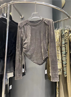 dudu韩版抽绳长袖T恤女丝绒打底衫十三行春秋新款垫肩上衣W6801